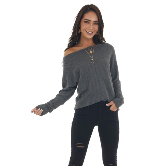 Umgee Waffle Knit Boat Neck Top - Picture 6 of 9